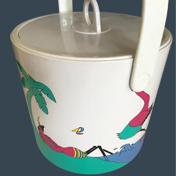 Retro Pink Flamingo Ice Bucket Barware Drink 10 Pc Set Tumbler Glasses Vintage - Picture 6 of 16